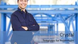  Presentation with factory - Cool new slide deck with professional oil gas - portrait of an handsome engineer backdrop and a teal colored foreground