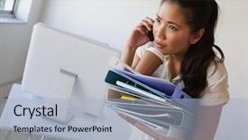  Presentation with pile - Amazing theme having professional overwhelmed black woman - casual businesswoman balancing coffee backdrop and a  colored foreground