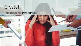  Presentation with brain pressure - PPT layouts with professional overwhelmed black woman - young creative manager feeling background and a sky blue colored foreground