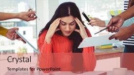  Presentation with creative - Beautiful slide set featuring professional overwhelmed black woman - young creative manager feeling backdrop and a coral colored foreground