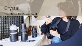 Presentation with lens - Amazing presentation design having professional-photographer-cleaning-camera-lens backdrop and a mint green colored foreground