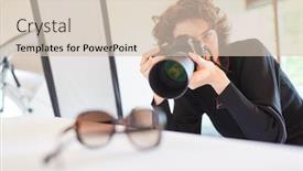  Presentation with product - Audience pleasing presentation theme consisting of professional-photographer-with-camera-photographs backdrop and a soft green colored foreground