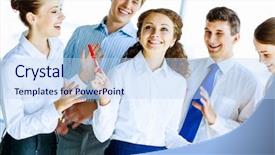  Presentation with colleague farewell - Slide deck having professional presentations - image of young businesspeople congratulating background and a  colored foreground