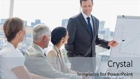  Presentation with whiteboard - Colorful PPT layouts enhanced with professional presentations - smiling businessman pointing at whiteboard backdrop and a light gray colored foreground