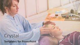  Presentation with reiki - Beautiful slide set featuring professional-reiki-healer-doing-reiki backdrop and a light blue colored foreground