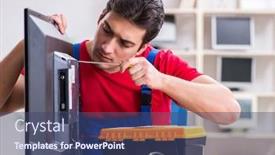  Presentation with professional - Amazing PPT theme having professional-repair-engineer-repairing-broken backdrop and a ocean colored foreground