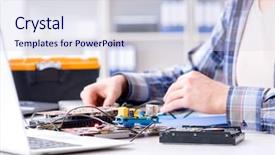  Presentation with computer workshop - PPT theme enhanced with professional repairman repairing computer background and a sky blue colored foreground