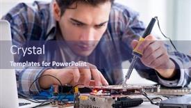  Presentation with computer workshop - Slide deck with professional repairman repairing computer in workshop background and a ocean colored foreground