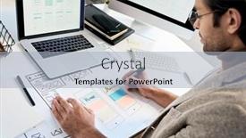  Presentation with software - Colorful slide deck enhanced with professional-software-designer-working backdrop and a light blue colored foreground