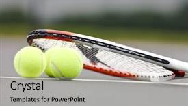  Presentation with sports balls - Amazing slide deck having professional sports - tennis balls on a racket backdrop and a light gray colored foreground