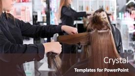  Presentation with hair salon - Slide deck featuring professional stylist straightening woman's hair in salon background and a tawny brown colored foreground