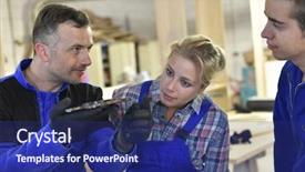  Presentation with machinery - Slide set consisting of professional teacher showing carpentry machinery to students background and a navy blue colored foreground