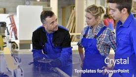  Presentation with machinery - Beautiful slide set featuring professional teacher showing carpentry machinery to students backdrop and a navy blue colored foreground