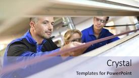  Presentation with machinery - Slide set having professional teacher showing carpentry machinery to students background and a light blue colored foreground