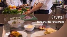 Presentation with hotel team - Theme featuring professional team cooks and chefs preparing meal at busy hotel or restaurant kitchen background and a tawny brown colored foreground