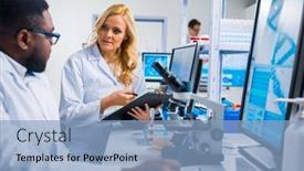  Presentation with research engineer - Theme with professional-team-of-scientists background and a light blue colored foreground