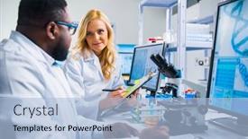  Presentation with research engineer - Presentation enhanced with professional-team-of-scientists background and a light blue colored foreground