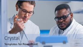  Presentation with research engineer - Presentation theme having professional-team-of-scientists background and a light blue colored foreground