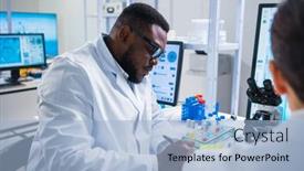  Presentation with research engineer - Amazing PPT theme having professional-team-of-scientists backdrop and a light blue colored foreground