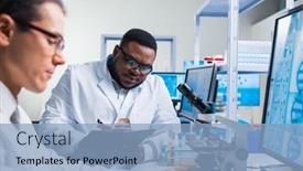  Presentation with genetic research - Presentation theme having professional-team-of-scientists background and a light blue colored foreground