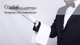  Presentation with waiter - Amazing PPT layouts having professional waiter holding empty silver backdrop and a sky blue colored foreground