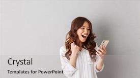  Presentation with cheerful - PPT theme with professional winning - cheerful asian woman standing isolated background and a light gray colored foreground