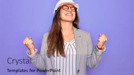  Presentation with industrial engineer - Beautiful PPT theme featuring professional-woman-engineer-wearing-industrial backdrop and a light blue colored foreground