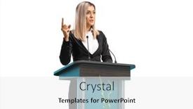  Presentation with giving - PPT theme with professional-woman-giving-a-speech background and a white colored foreground