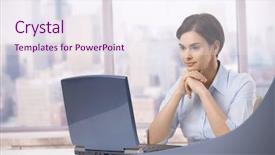  Presentation with woman office desk - Presentation theme with professional woman sitting at skyscraper background and a  colored foreground