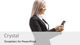  Presentation with professional - Audience pleasing slide set consisting of professional-woman-smiling-and-typing backdrop and a white colored foreground