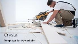  Presentation with electrical - PPT layouts having professional-worker-cutting-plank background and a sky blue colored foreground