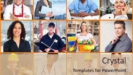  Presentation with people collage - PPT theme consisting of professional workers people collage background and a coral colored foreground