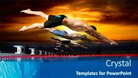  Presentation with swimming pool - Amazing PPT layouts having professional-young-muscular-swimmer-jumping backdrop and a ocean colored foreground