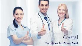  Presentation with team group - Beautiful presentation theme featuring professional young team or group of doctors showing thumbs up backdrop and a sky blue colored foreground
