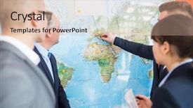  Presentation with lecture hall - Cool new slide deck with professionals planning locations on map backdrop and a lemonade colored foreground