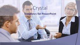  Presentation with skyscraper - Amazing PPT layouts having professionals sitting at meeting table discussing work problems in skyscraper office backdrop and a sky blue colored foreground