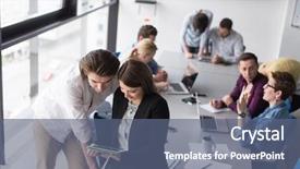  Presentation with tablet - Slides with professionnel - two business people using tablet background and a ocean colored foreground