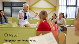  Presentation with professor - Audience pleasing PPT theme consisting of professor-and-students backdrop and a yellow colored foreground