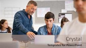  Presentation with helping man - Colorful slide deck enhanced with professor-assisting-college-student backdrop and a light gray colored foreground