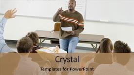  Presentation with professor - Cool new PPT layouts with professor pointing at college student backdrop and a coral colored foreground