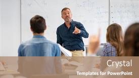 Presentation with teaching - Amazing PPT layouts having professor-pointing-at-college-student backdrop and a coral colored foreground