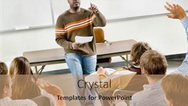  Presentation with professor - Beautiful presentation theme featuring professor-pointing-at-college-student backdrop and a coral colored foreground