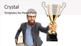  Presentation with award winner champion golden trophy - Audience pleasing PPT layouts consisting of professor showing a golden trophy backdrop and a  colored foreground