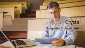  Presentation with table in a classroom cheating - Slide deck consisting of professor sitting at desk using background and a coral colored foreground