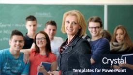  Presentation with professor - Colorful slide deck enhanced with professor standing in a classrom with a group of students in background backdrop and a navy blue colored foreground