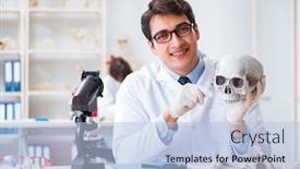  Presentation with professor - Slide set enhanced with professor studying human skeleton in lab background and a light blue colored foreground