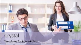  Presentation with secretary - PPT theme enhanced with professtional communicationo taxes - businessman asking for paperwork background and a light blue colored foreground