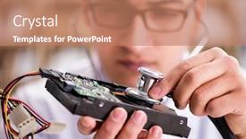  Presentation with hard disk drive - Beautiful theme featuring proffesional-repairman-repairing-broken-hard backdrop and a coral colored foreground