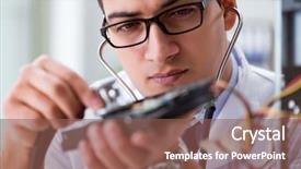  Presentation with hard disk drive - Cool new theme with proffesional repairman repairing broken hard backdrop and a  colored foreground