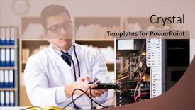  Presentation with hard disk drive - PPT layouts consisting of proffesional repairman repairing broken hard background and a coral colored foreground